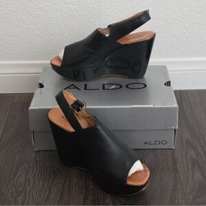Aldo Black Peep-Toe Wedges